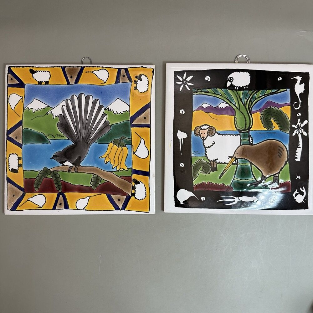 A Te Huia New Zealand Kiwiana Wall Art Ceramic Tiles Kiwi Fantail Folk Art 6”